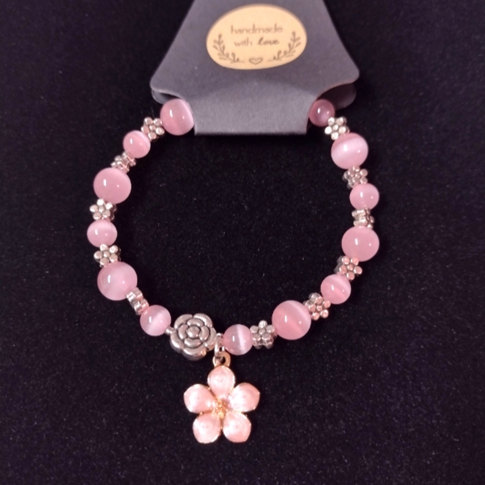 Pink Cats Eye w flower beads and dangle🌺